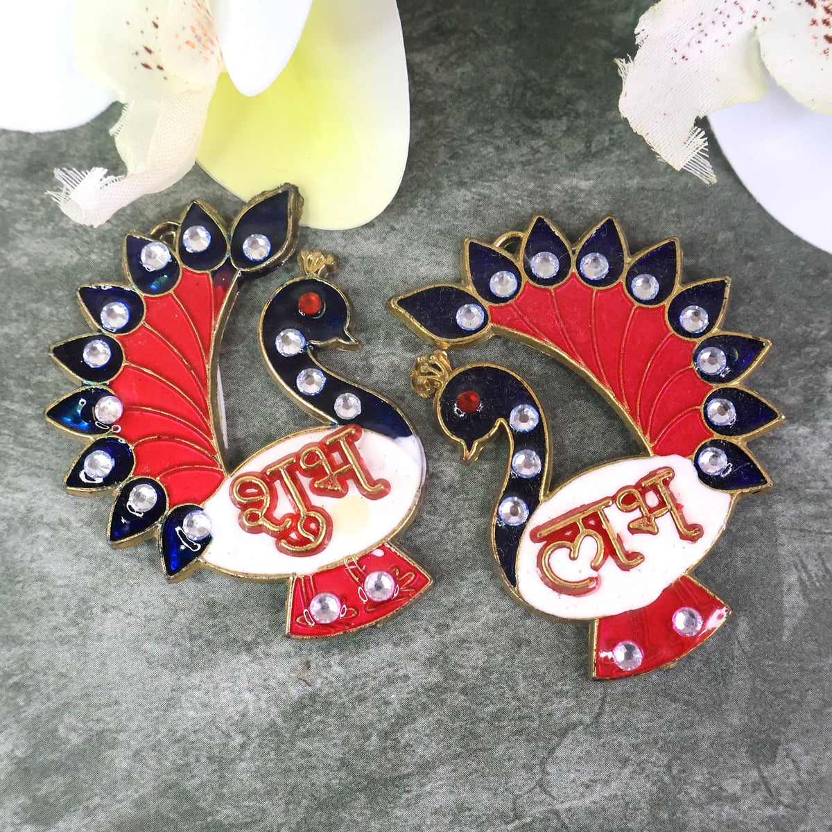 Two-piece Peacock Wall Hanging Set featuring Shubh Labh for festive decor Main image