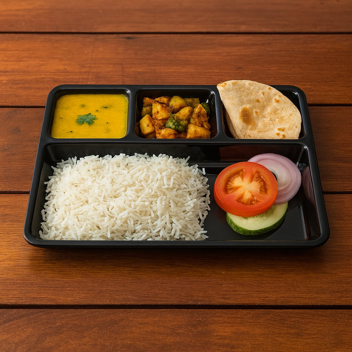 Durable plastic 4-compartment meal tray for portion control and organized dining. Main image