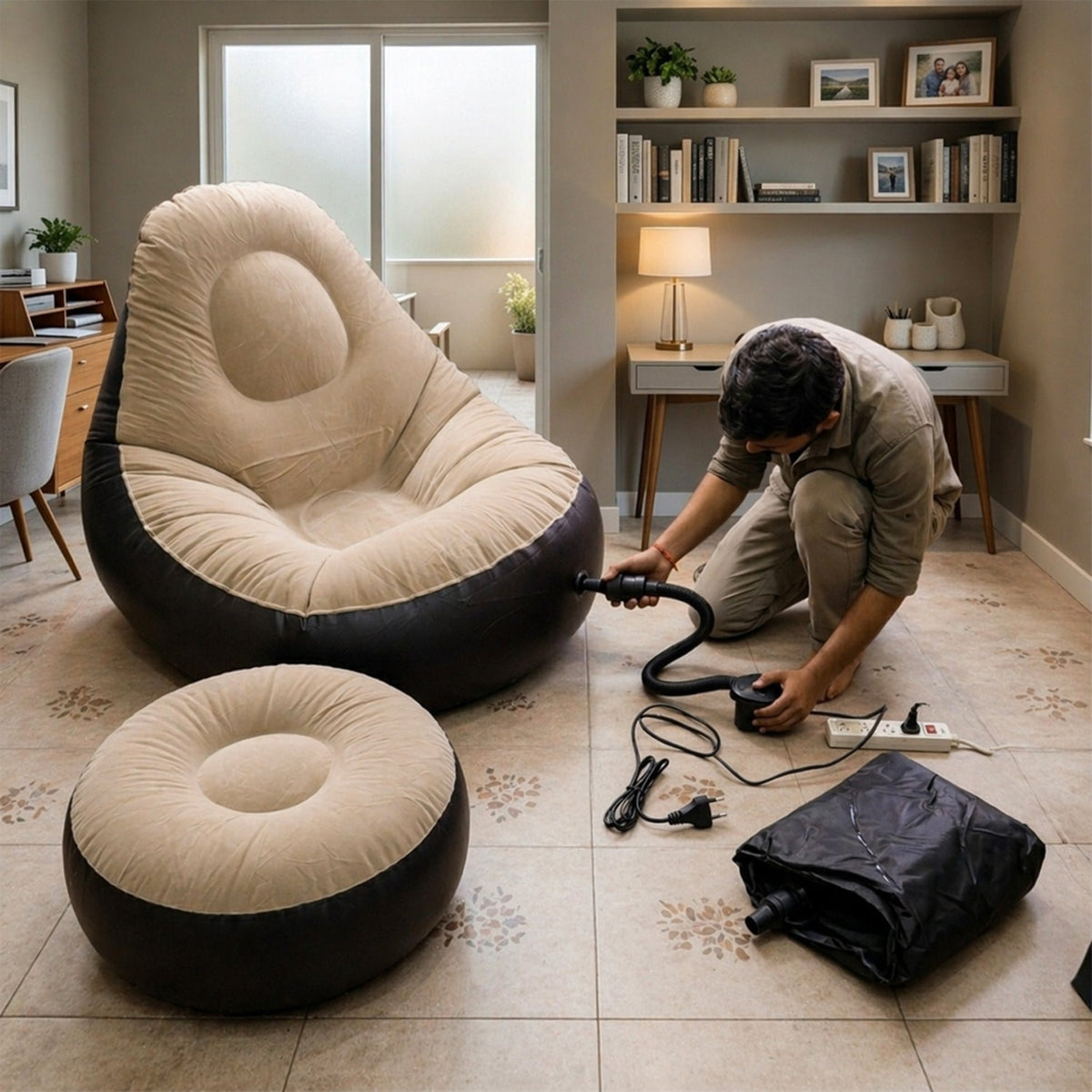 Relaxing inflatable air sofa chair set with footrest and electric pump Main image