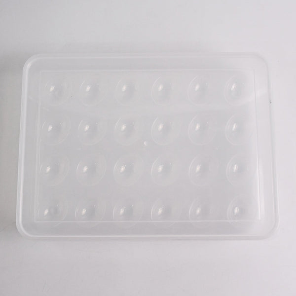 Clear plastic egg container next to traditional egg carton for size comparison