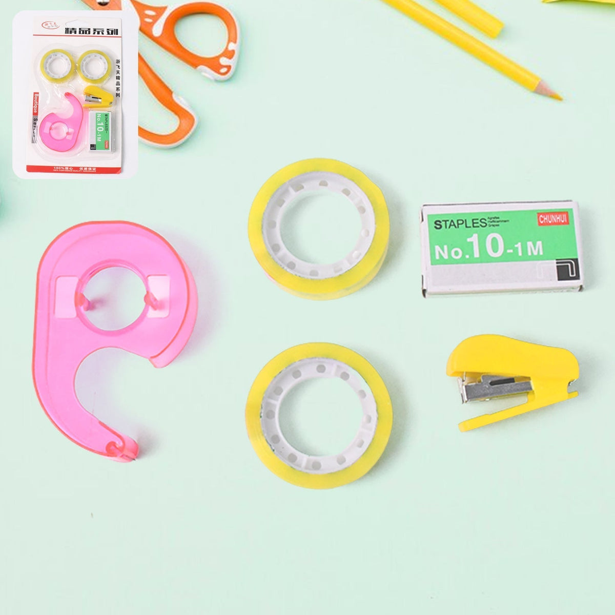 5-in-1 stationery kit tools laid out for school and office use including stapler and tape Main image