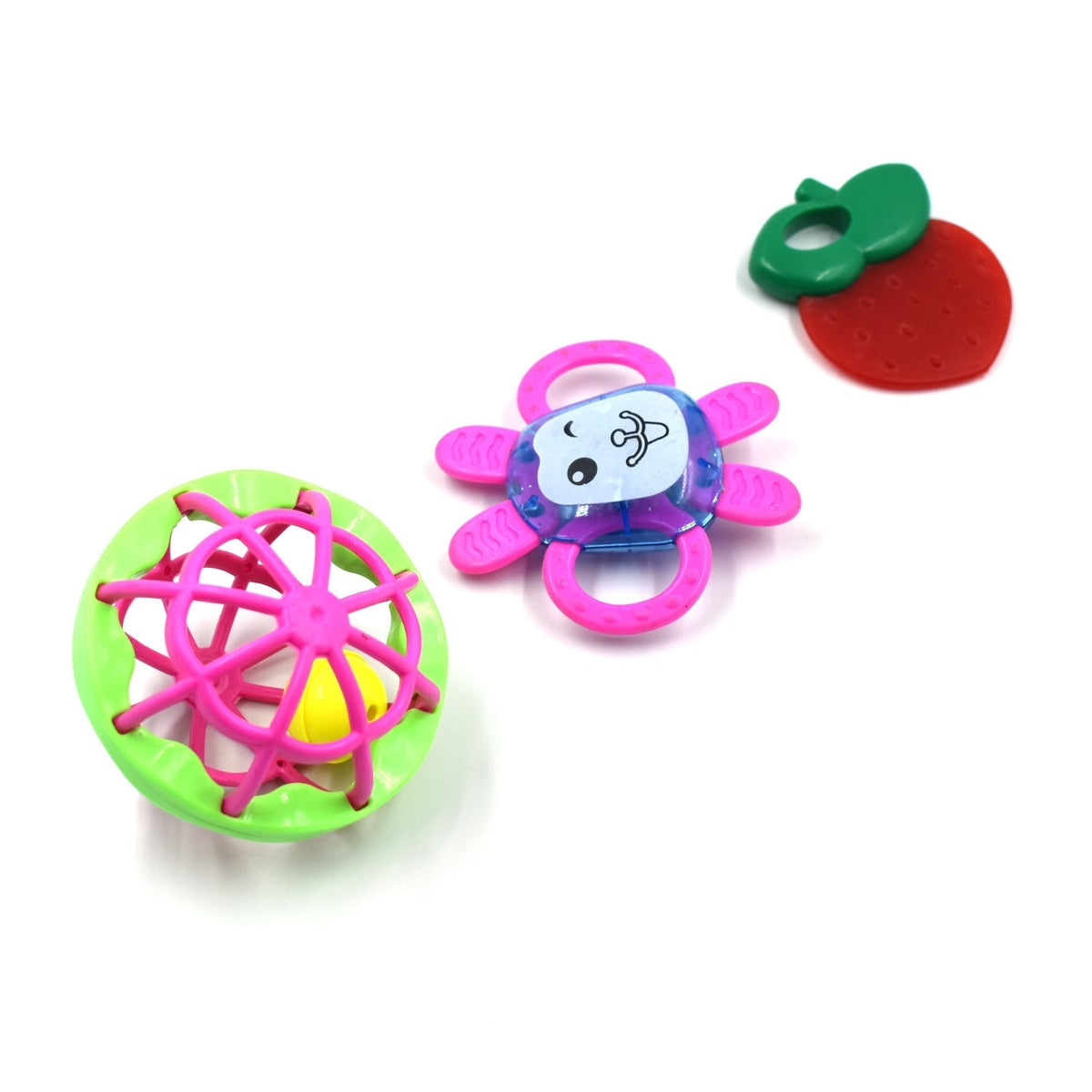 Three colorful baby rattle toy set pieces arranged for sensory play and infant development. Main image