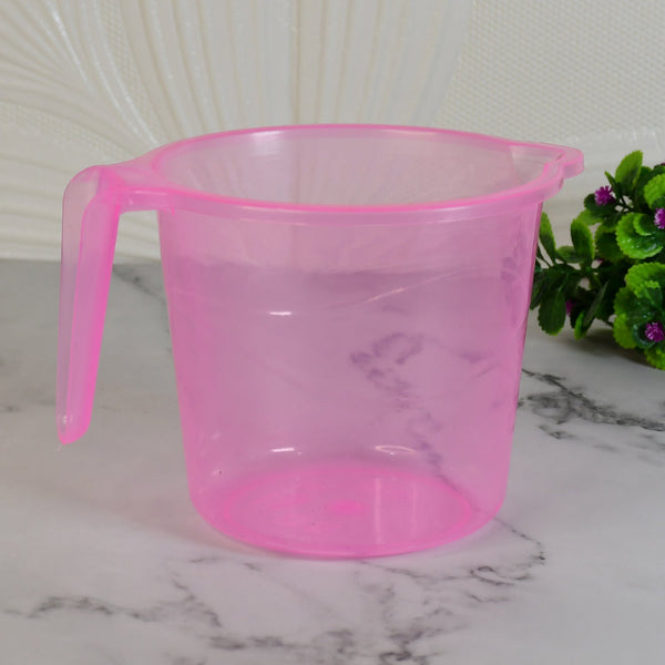 Versatile transparent bath water mug displayed from multiple angles, highlighting its practical design.
