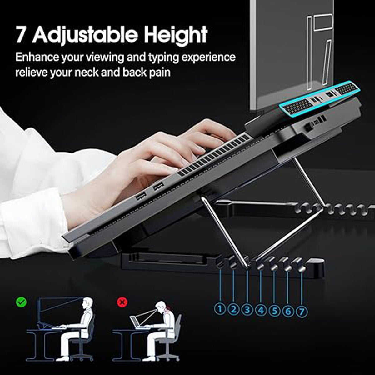 Sleek black laptop cooling pad with blue LED lights and two quiet fans. Main image