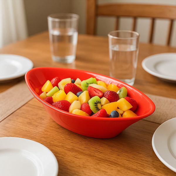 Close-up of smooth, red plastic Marin serving bowl surface