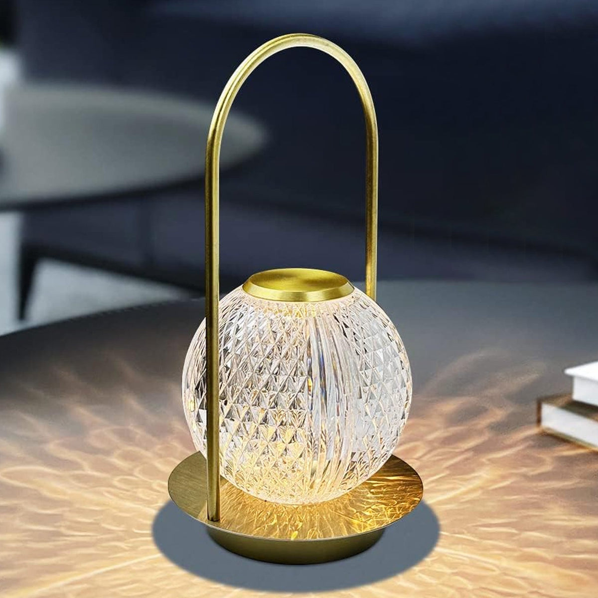 Crystal ball rechargeable LED touch lamp illuminating a modern bedroom. Main image