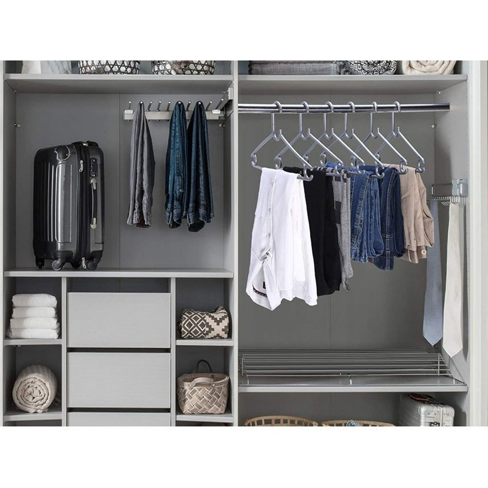 A set of six durable plastic clothes hangers, perfect for organising your wardrobe. Main image