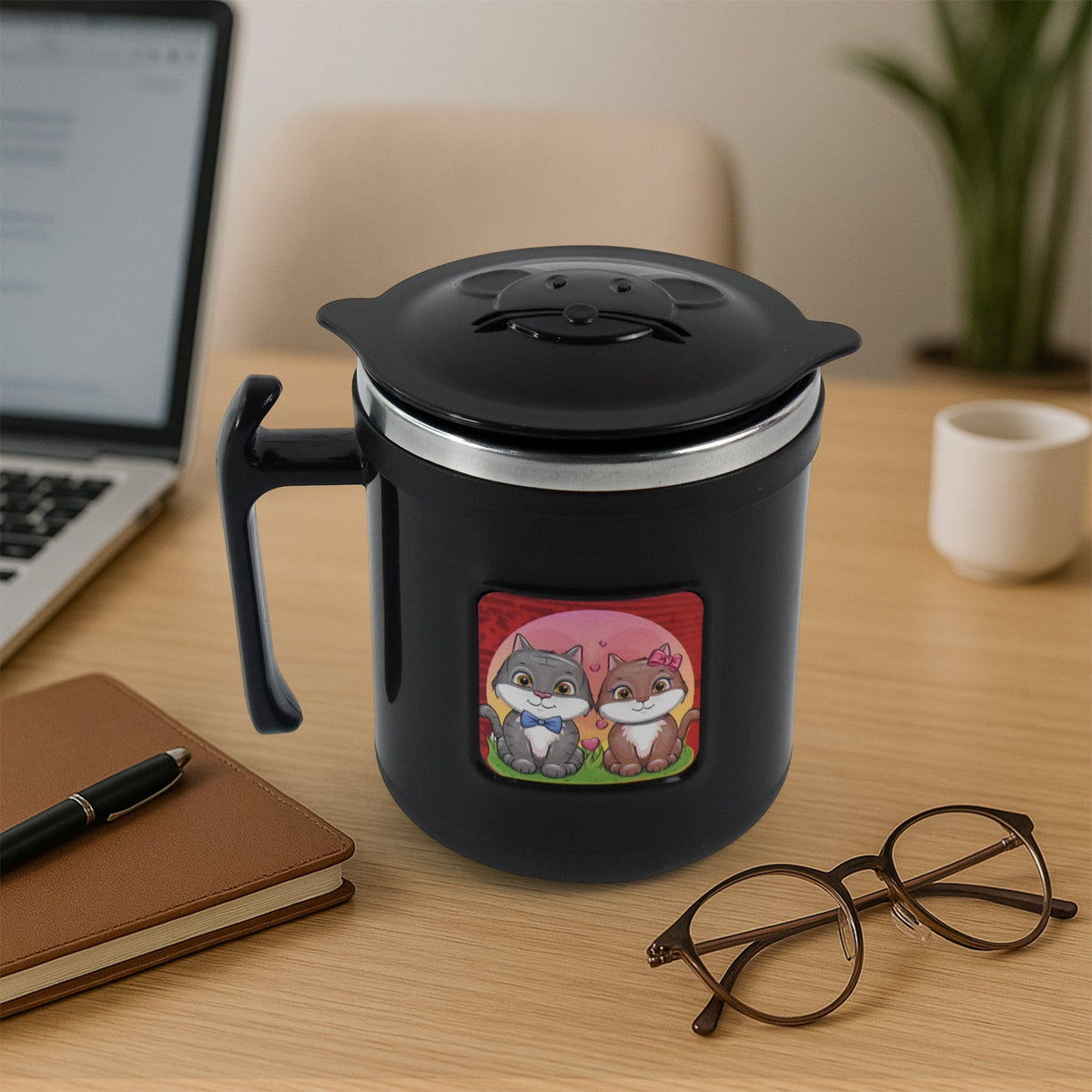 Black insulated cat mug with a playful cat print, 250 ml capacity. Main image