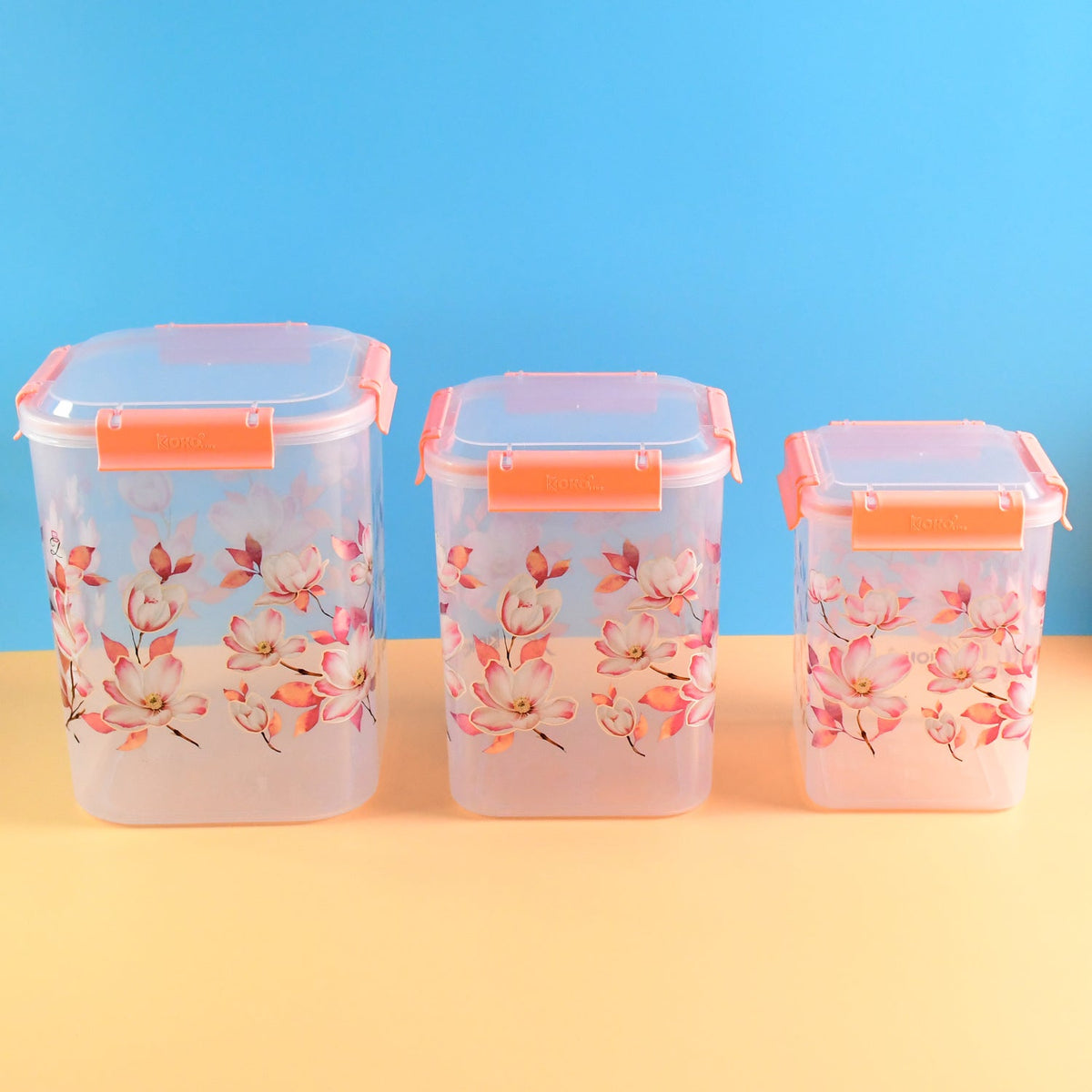 Airtight Food Storage Set with square floral containers in three sizes. Main image