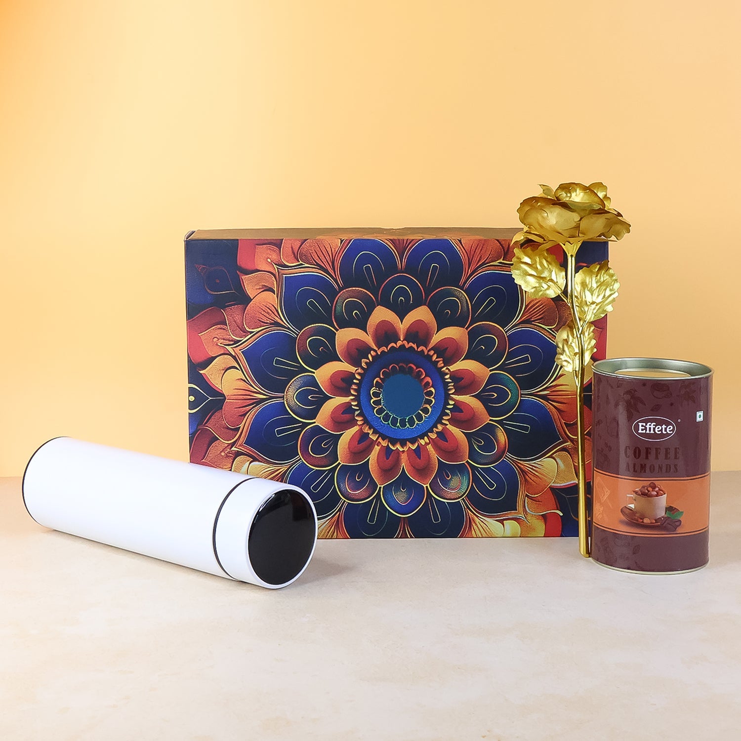 Coffee Almonds Gift Hamper – Golden Rose & Stainless Steel Bottle Secondary image