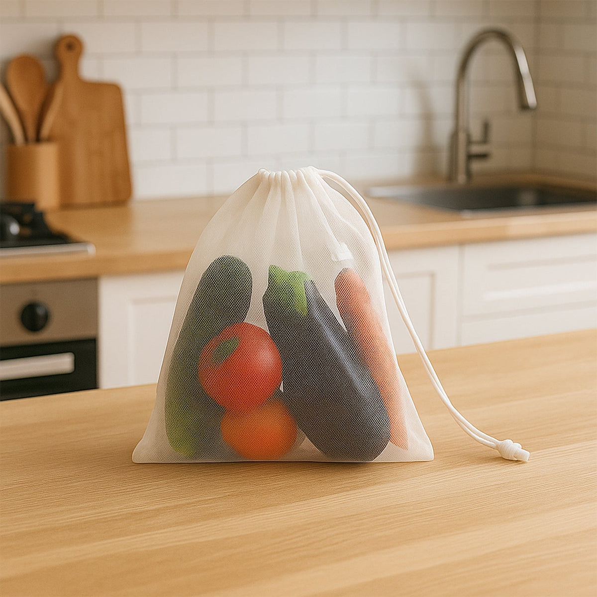 Set of 2 reusable mesh produce bags with secure drawstring closures for grocery storage Main image