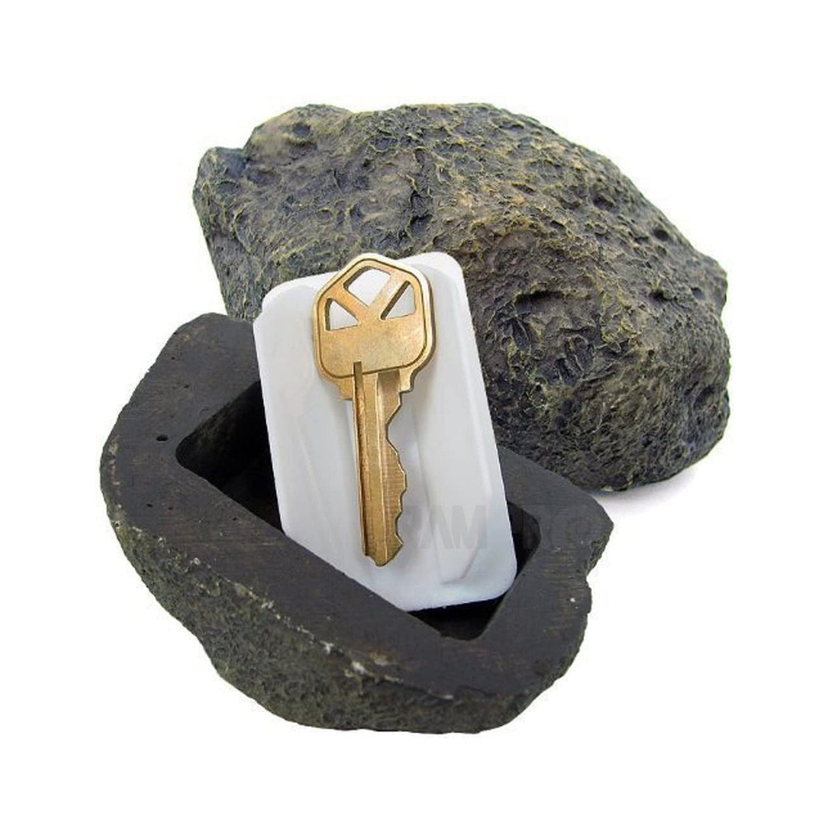 Safelix fake rock key hider blending into an outdoor garden landscape. Main image