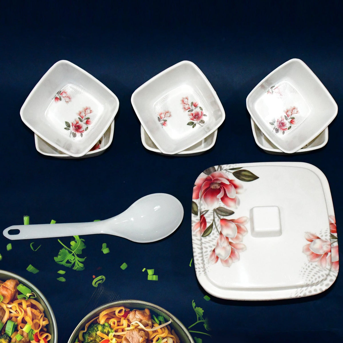Hector 9-piece plastic dinner set, showcasing bowls and serving spoon. Main image