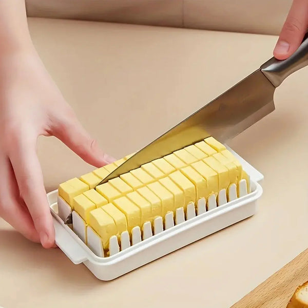 The butter slicer box with perfectly cut butter portions, ready for serving.
