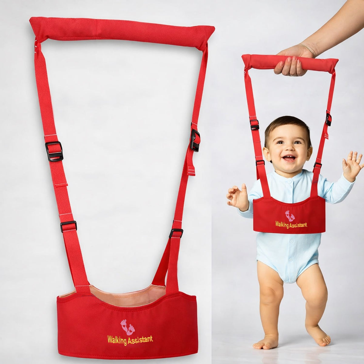 Toddler using a baby walking assistant harness with safety belt Main image