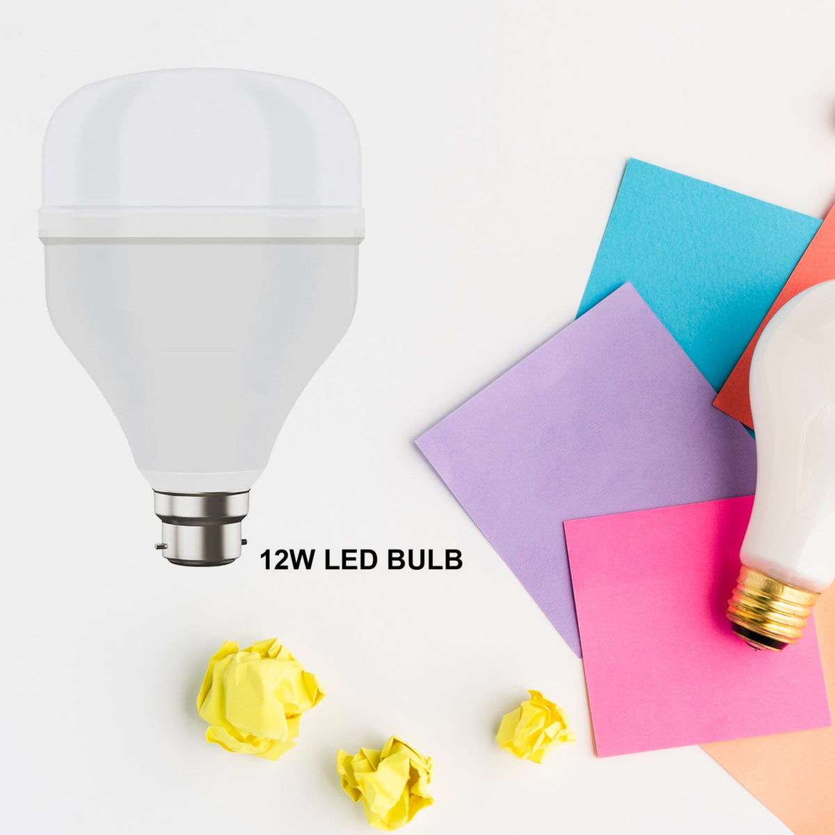 12W LED bulb illuminating a modern living room with bright, cool white light. Main image