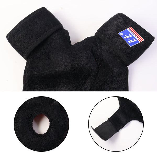 Close-up of elastic knee support strap with adjustable velcro closure