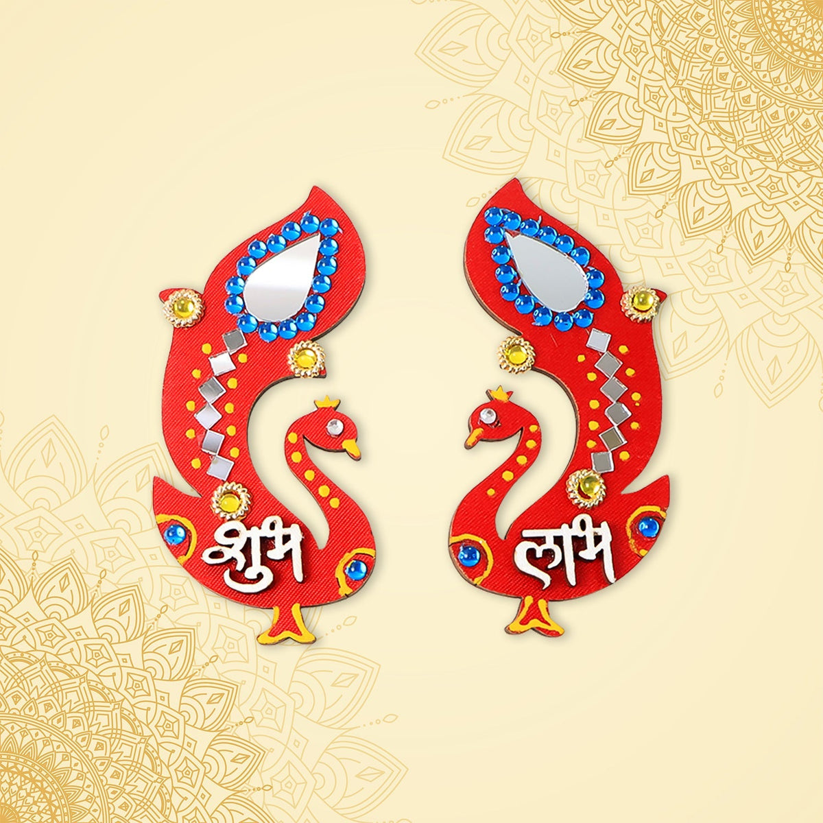 Shubh Labh Wall Hanging featuring traditional peacock design with mirror and stone work Main image