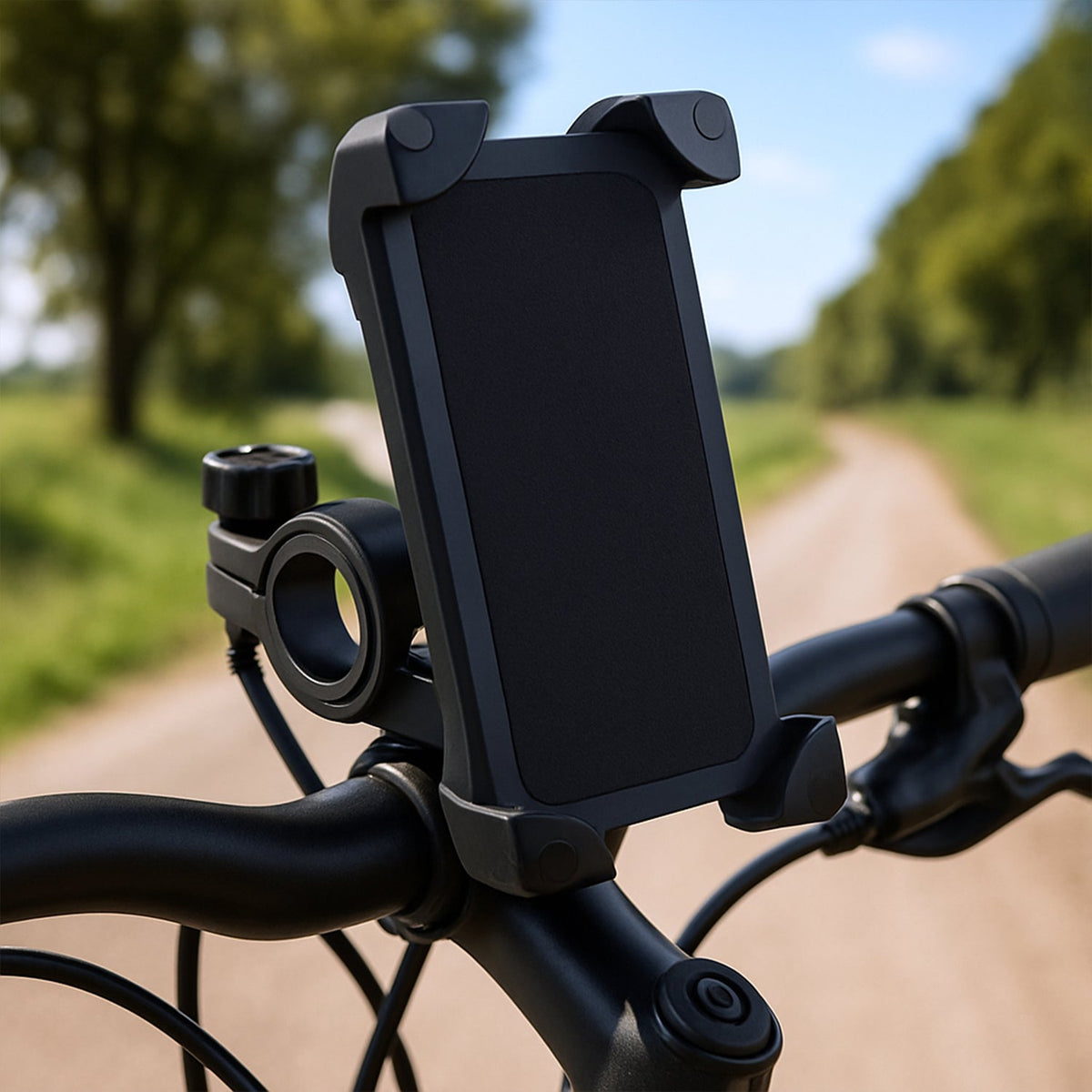 Secure bike phone holder mounted on handlebars, ready for a ride. Main image