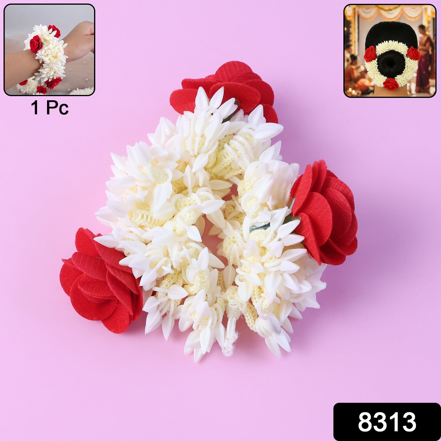 Artificial Flower Gajra – Traditional Red Rose & Jasmine Hair Accessory Secondary image