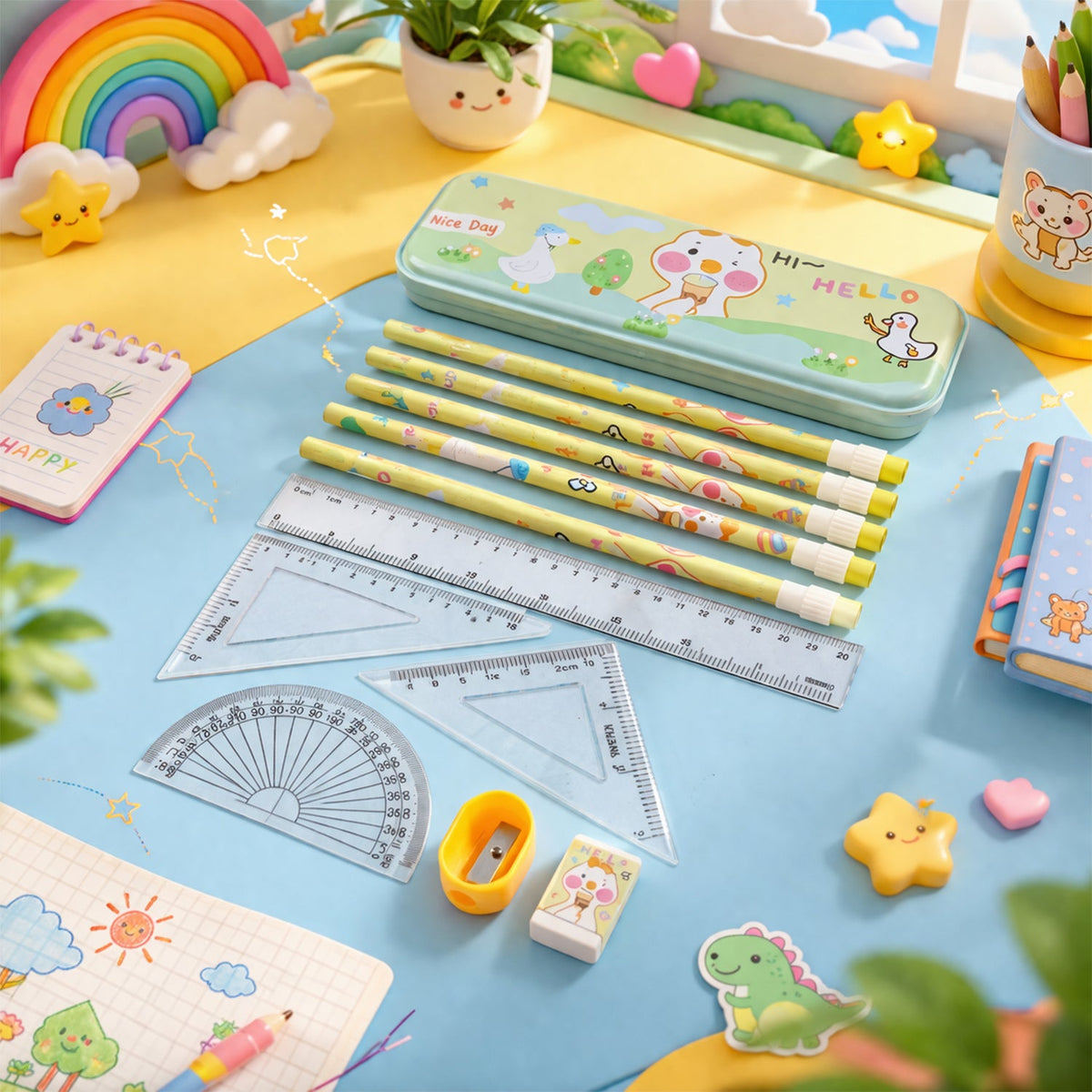 Colorful cartoon geometry box stationery set with rulers, pencils, and protractor Main image