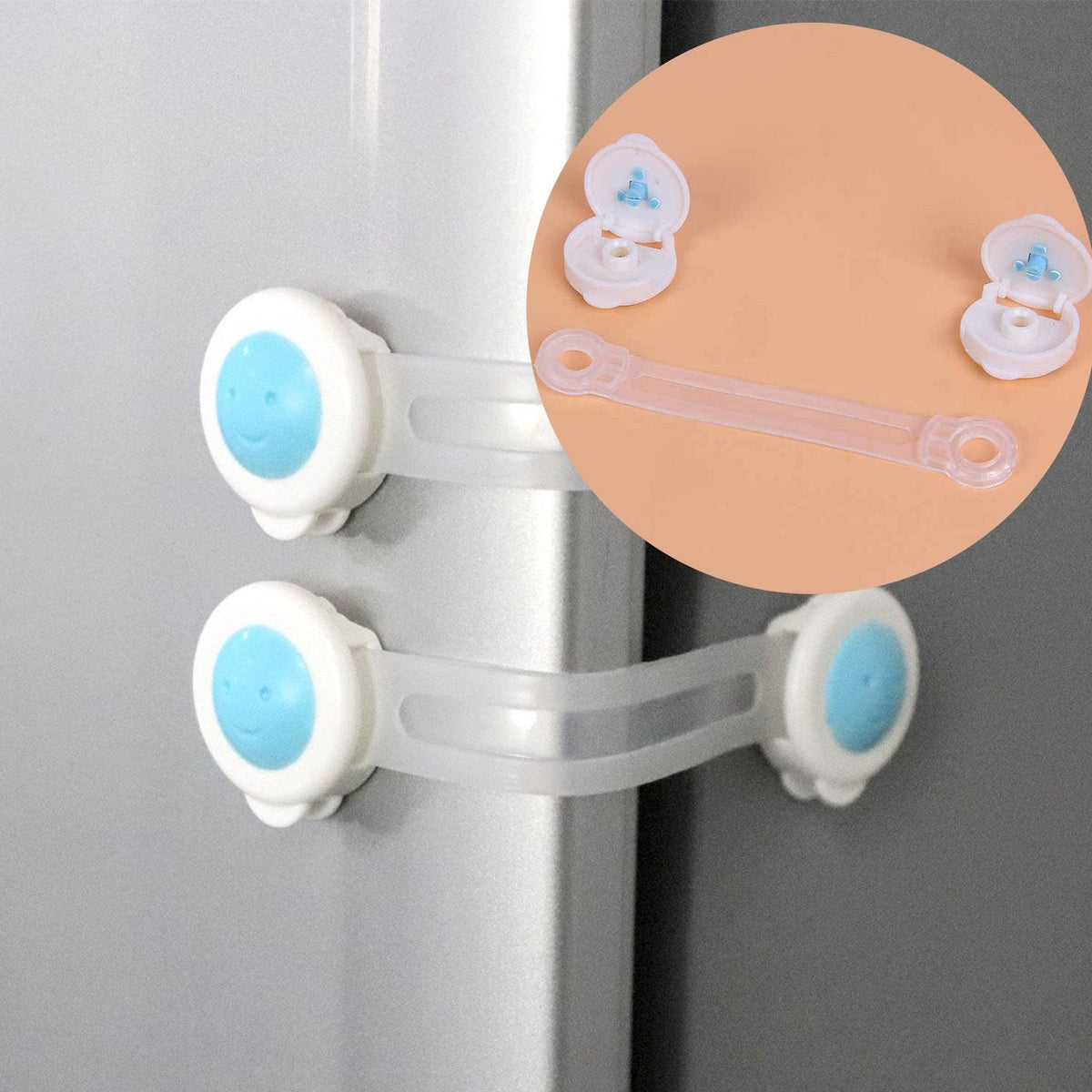 White Baby Safety Strap Lock securely fastened on a cabinet door, showing its childproof design. Main image
