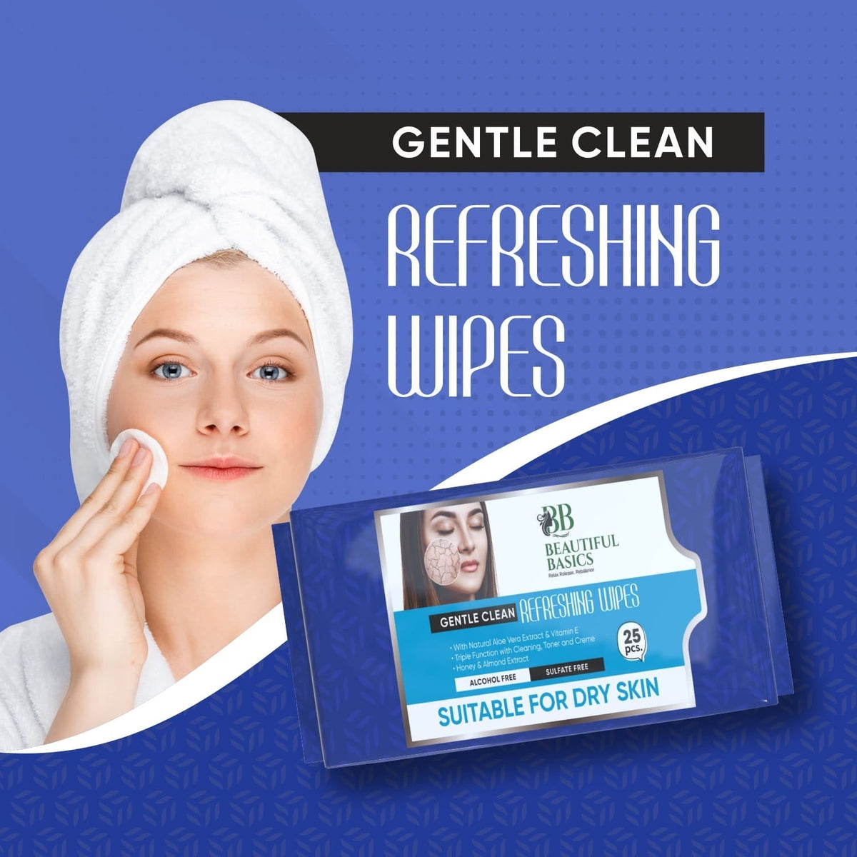 Hand pulling a refreshing alcohol-free wet wipe from the pack, showing moisture. Main image