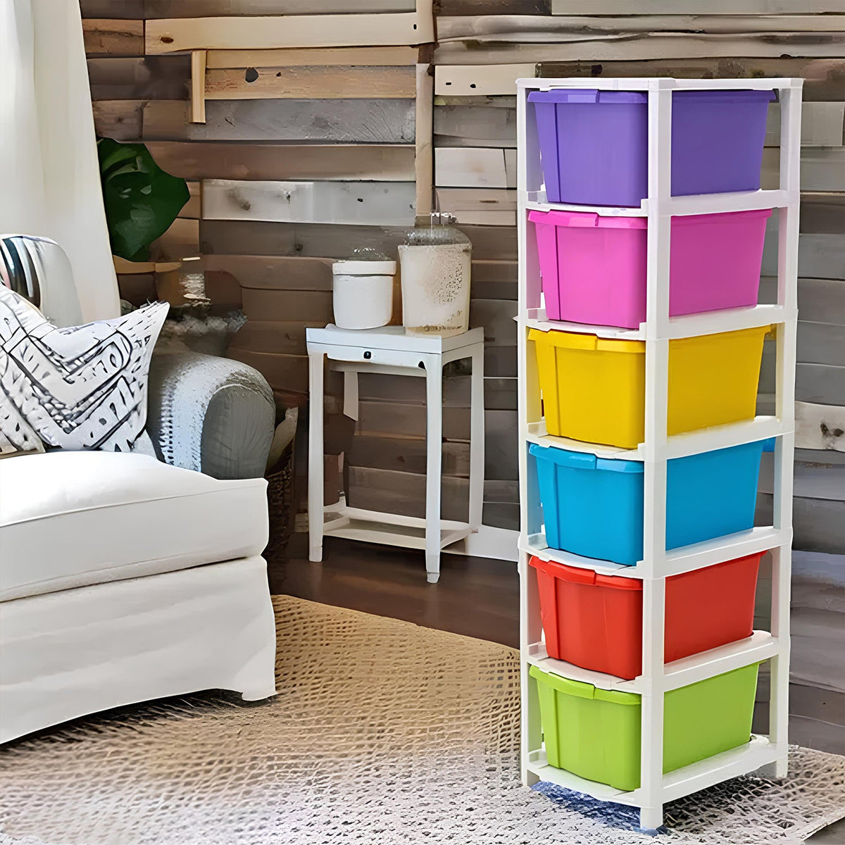 Front view of 6-layer plastic storage drawer cabinet with multi-colored drawers Main image
