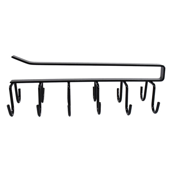 Side profile of sturdy black iron double-row cup holder rack.