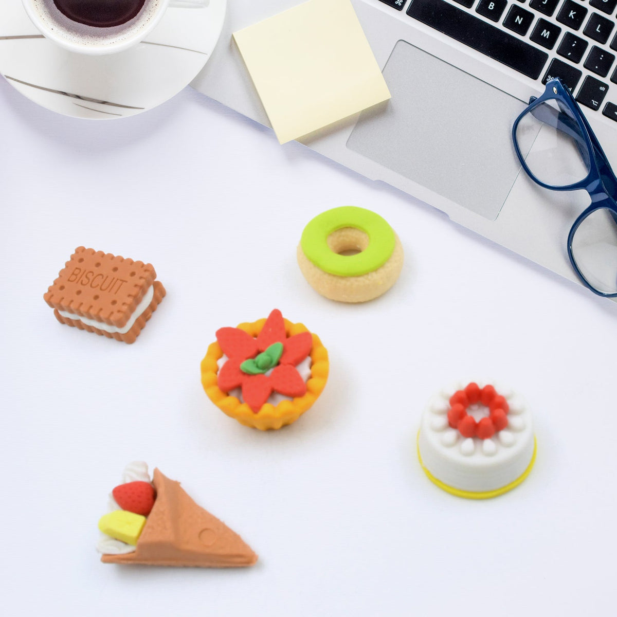 Set of five colourful 3D Fast Food Erasers, including a burger, fries, and soft drink. Main image