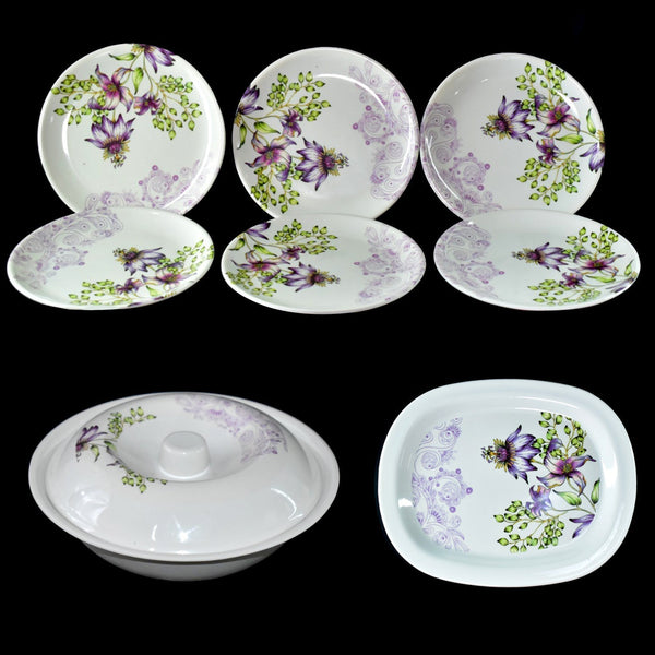 Complete 32-piece plastic dinnerware set, including plates and utensils.