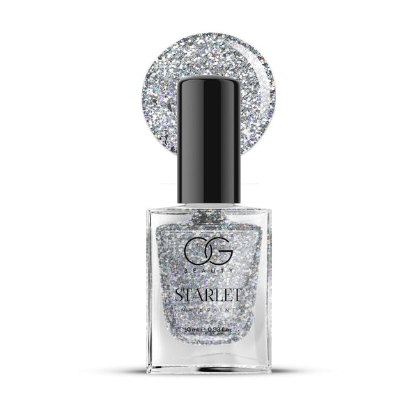 OG Beauty Starlight Silver Nail Polish showing glossy glitter nail color