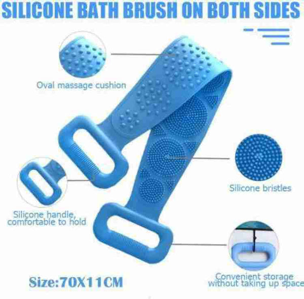 Person using the silicone back scrubber to reach difficult areas.