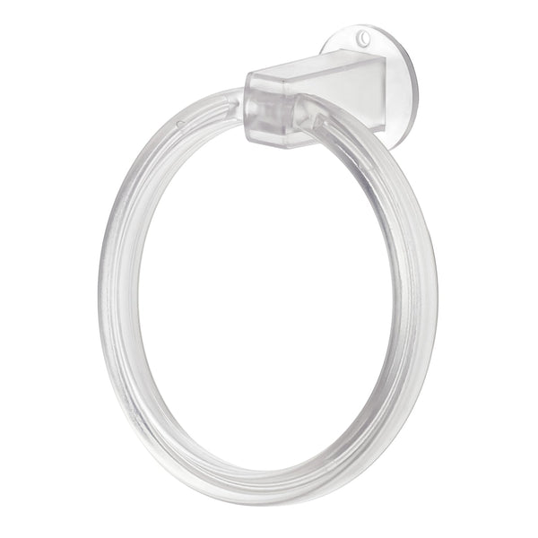 The clear ABS towel ring displayed against a neutral background, highlighting its transparency and form.