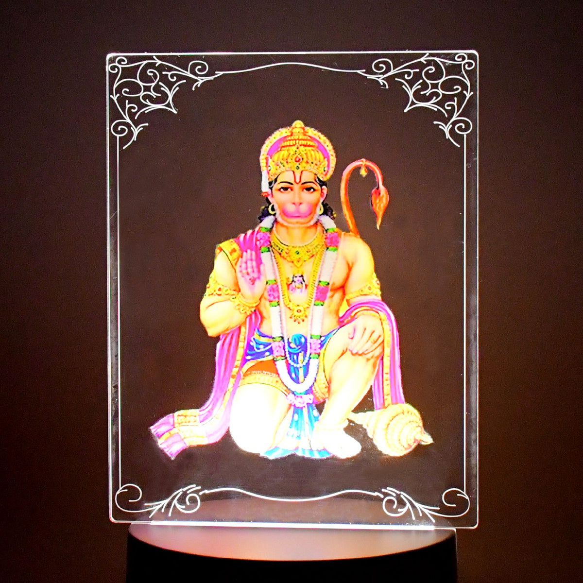3D Lord Hanuman Frame illuminated with soft white LED light showing unique design Main image