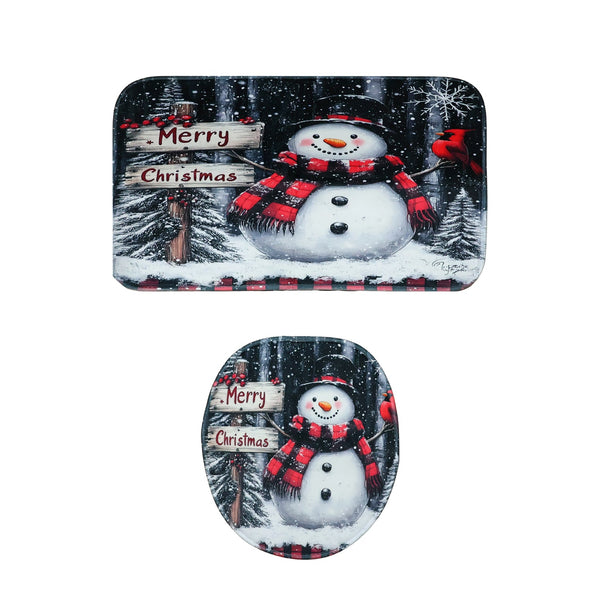 Full 3-piece Christmas bathroom mat set with snowman festive décor
