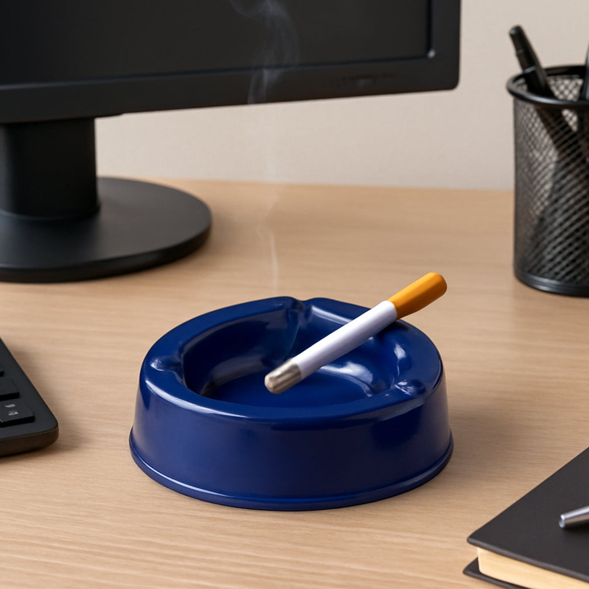 Dark blue plastic ashtray with wide bowl and 3 cigarette slots Main image