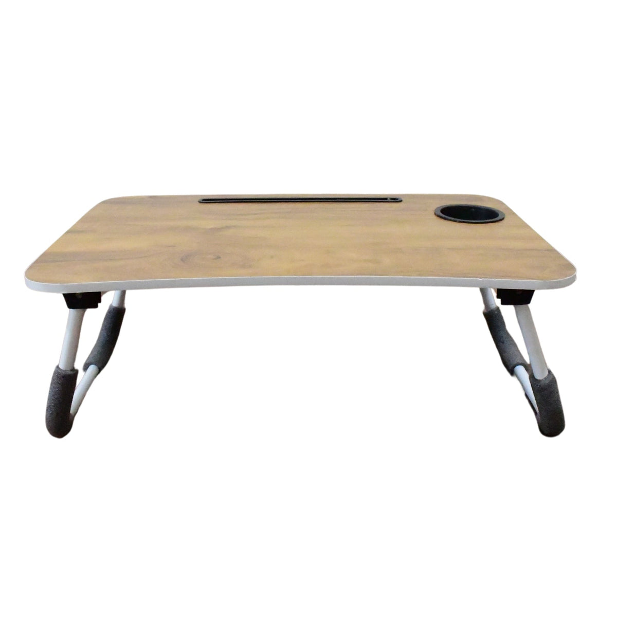 Foldable laptop table in use on a bed, showing a laptop, phone, and coffee cup. Main image