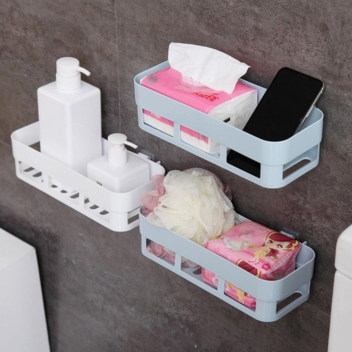 ABS plastic shower corner caddy with strong suction cup on tiled wall. Main image