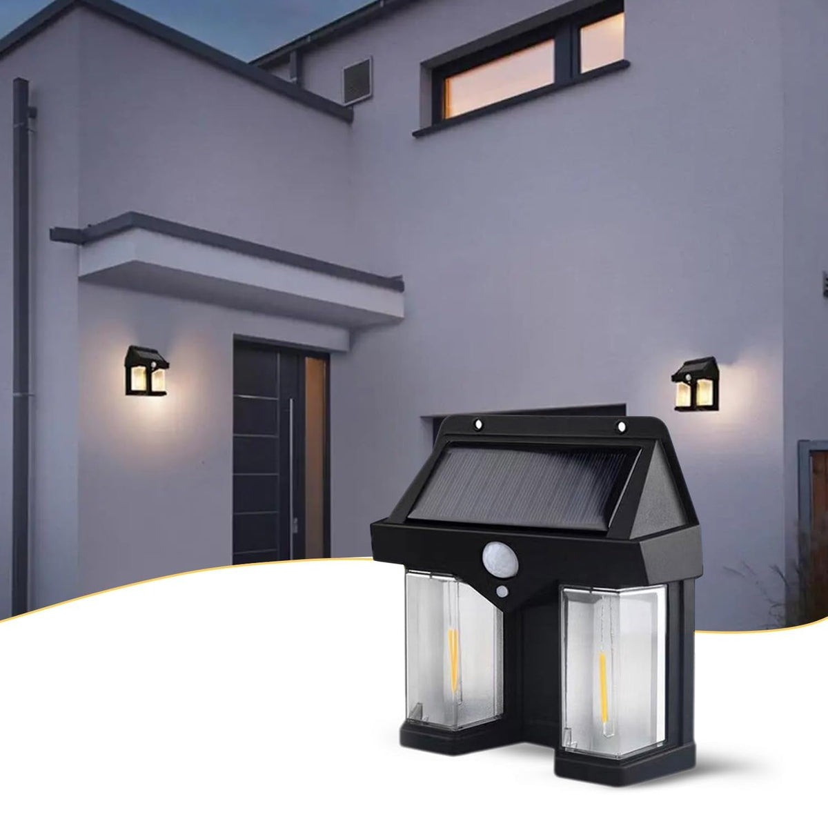 Outdoor Solar Wall Lamp with a sleek design mounted on an exterior wall at dusk. Main image