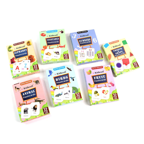 Educational flashcards laid out displaying various learning topics