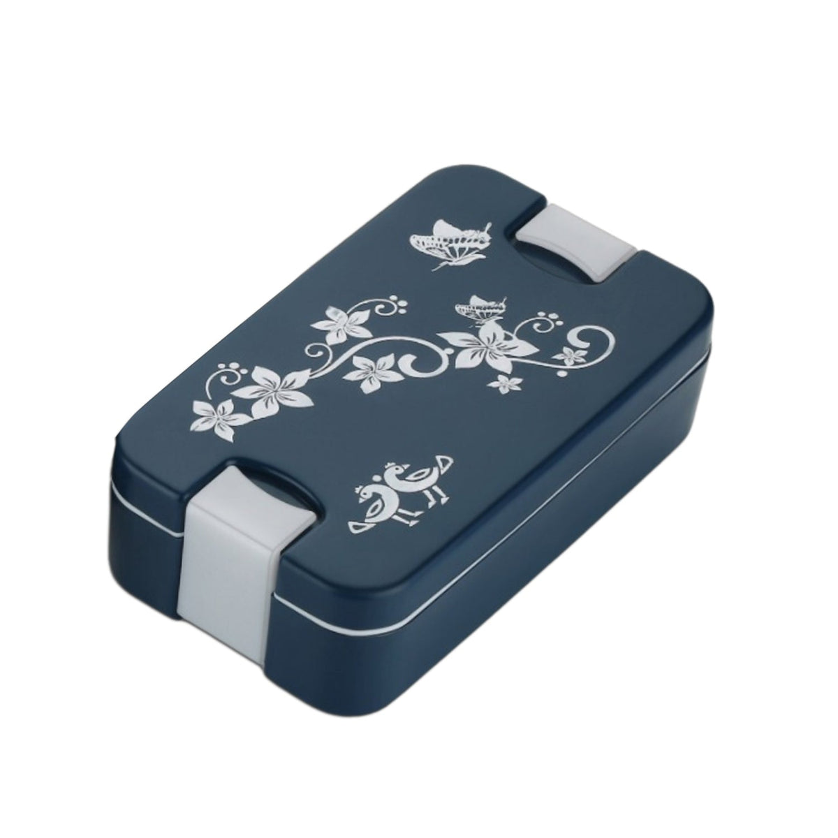 Blue 2-compartment airtight lunch box with a decorative flower design. Main image