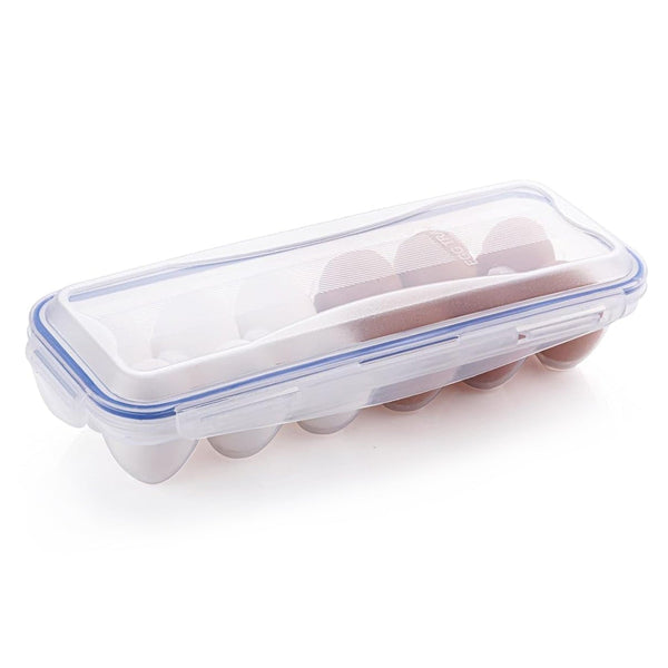 Egg storage tray with its lock clips open, ready for filling.