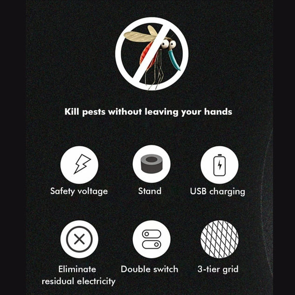 A black background with a 'no mosquito' icon and six feature icons: safety voltage, stand, USB charging, eliminate