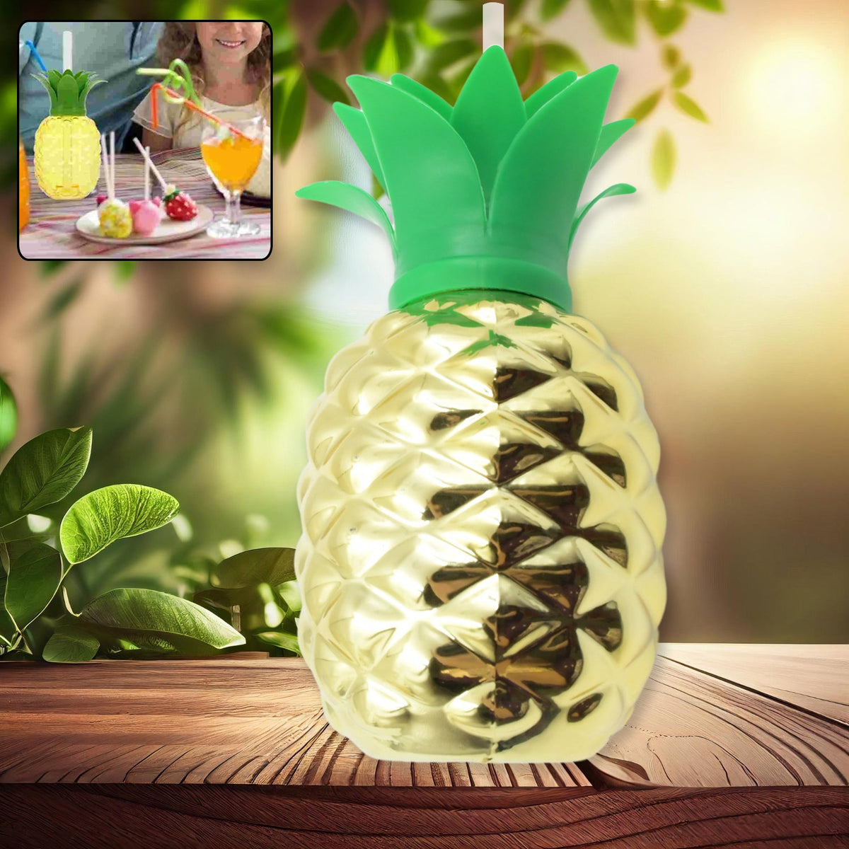 Pineapple cup with straw filled with a refreshing tropical beverage. Main image