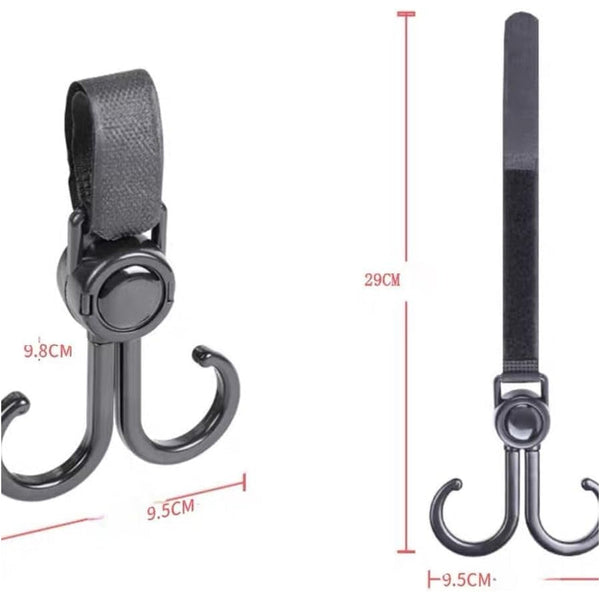 Universal stroller hook attached to a wheelchair handle, demonstrating versatility.
