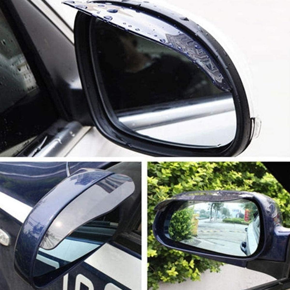 Three views of a car's side mirror with a dark grey rain protector attached, showing water droplets and a clear reflection. Main image