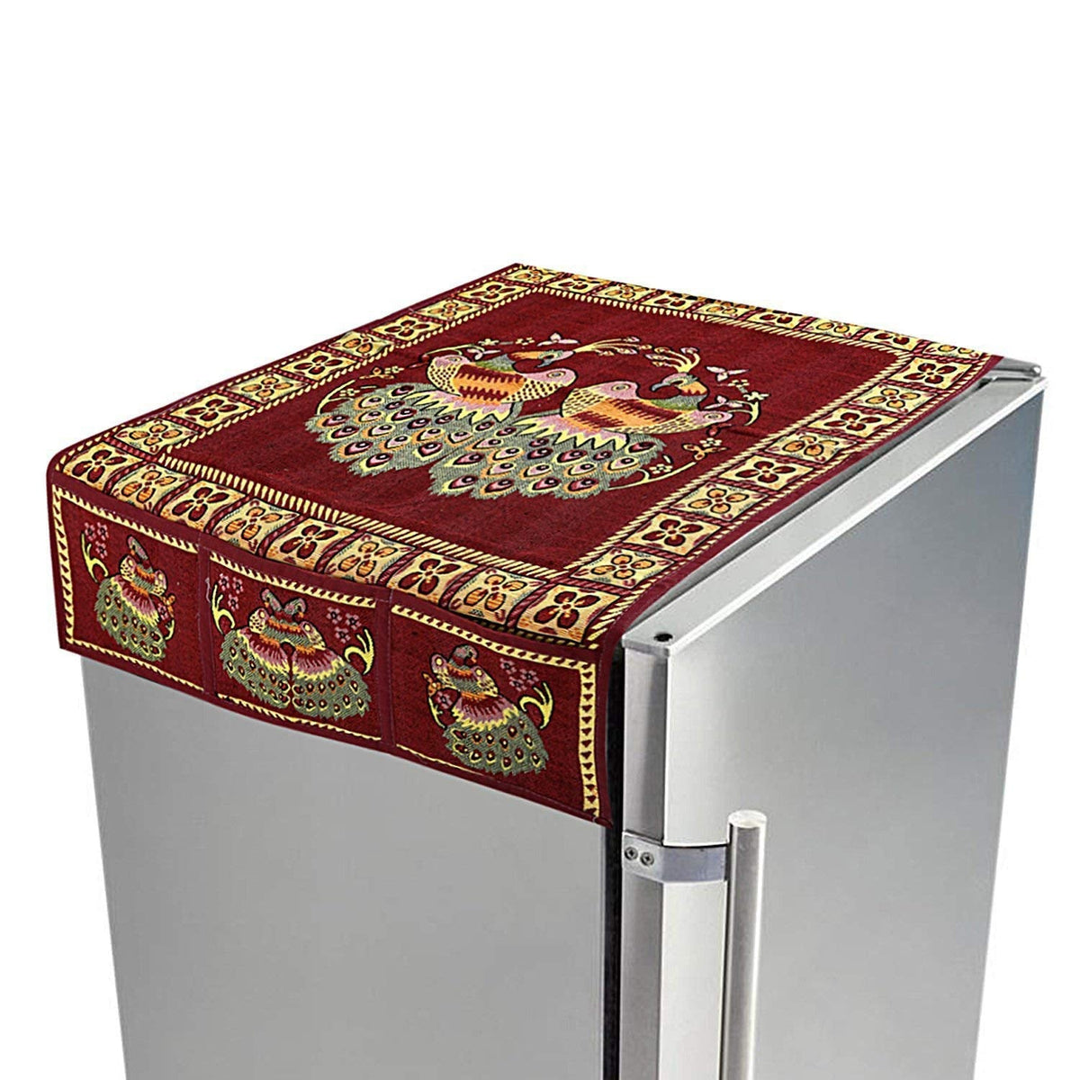 Cotton fridge top cover with peacock design and side pockets on a refrigerator. Main image