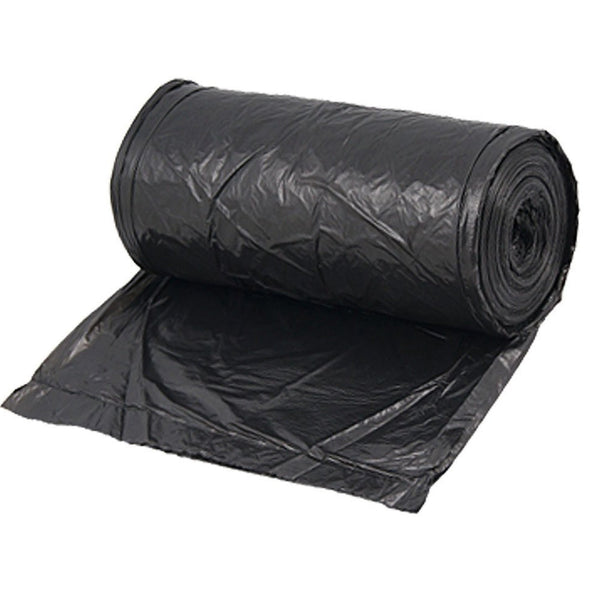 Illustration demonstrating how to easily tear off a black garbage bag from the roll.