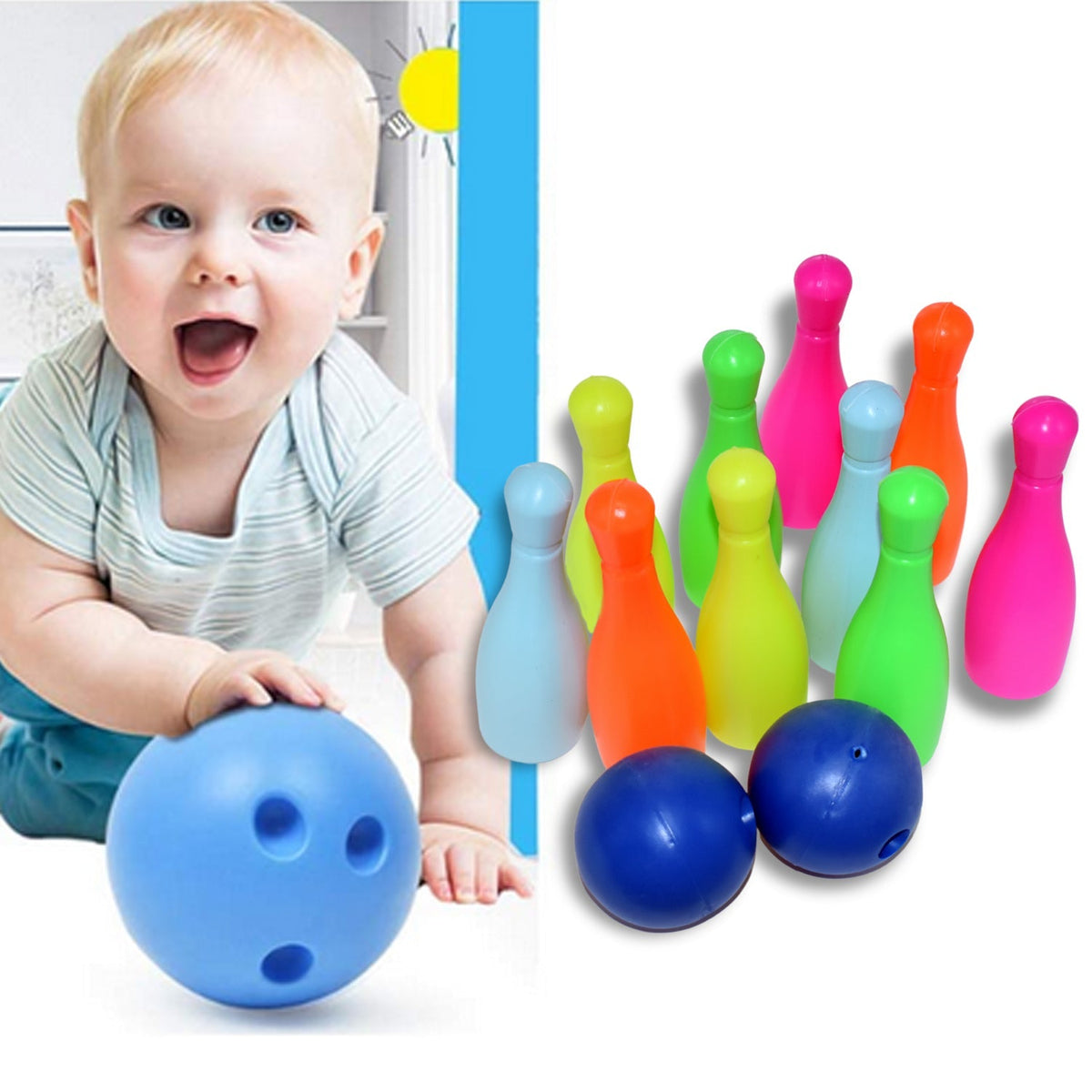High-quality bowling game set for kids with colorful pins and two balls, ready for play. Main image
